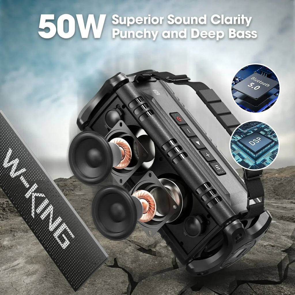 2026 NewW-King 50W Bluetooth Speakers, IPX6 Waterproof, Deep Bass, 30H, TWS, Black