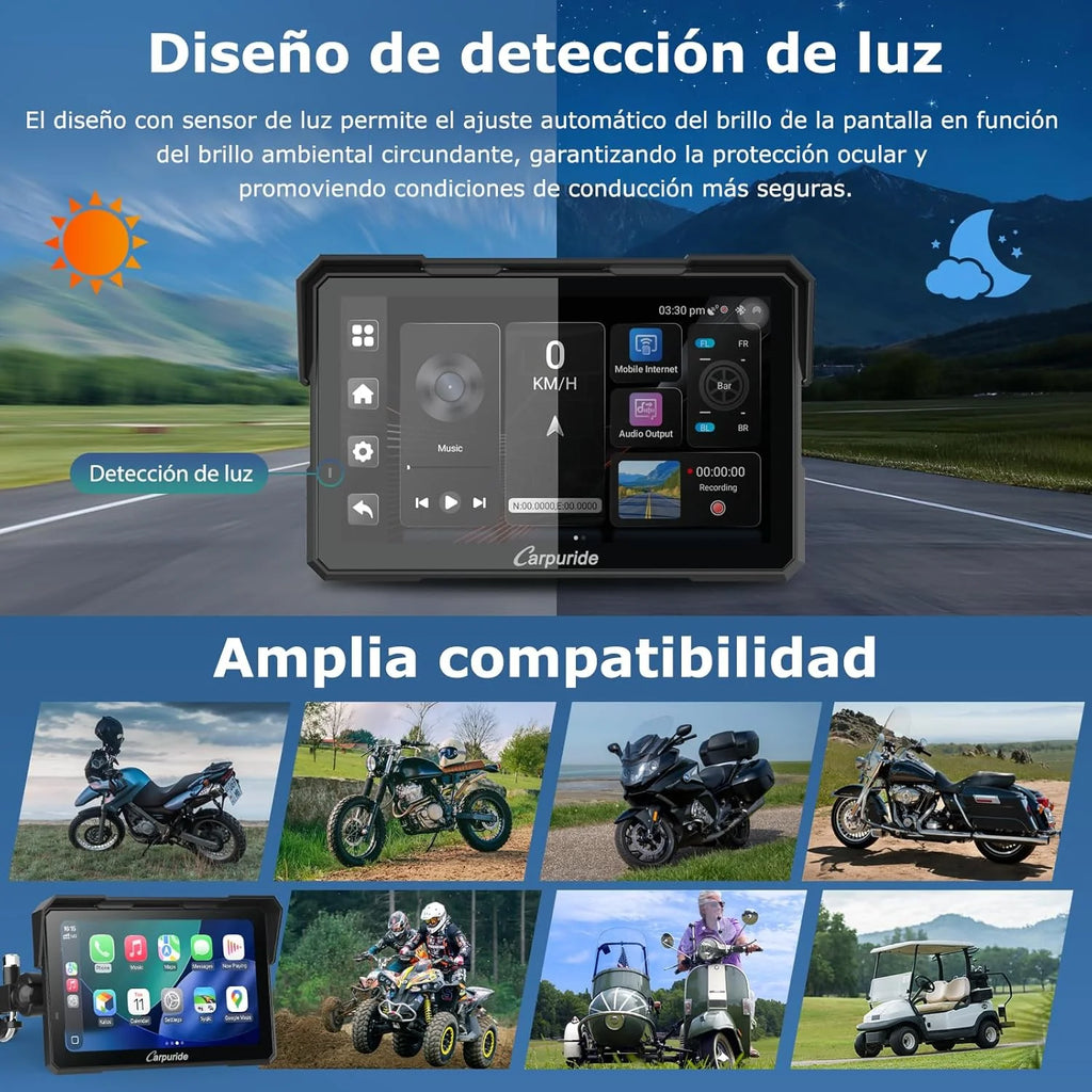 2026 Carpuride W702 Plus Android 14 Motocicleta Carplay Pantalla con Doble Cámara, CarPlay y Android Auto Inalámbricos,7" Pantalla Táctil Impermeable, Audio BT,Grabación Bucle, Navegación Online y Offline.