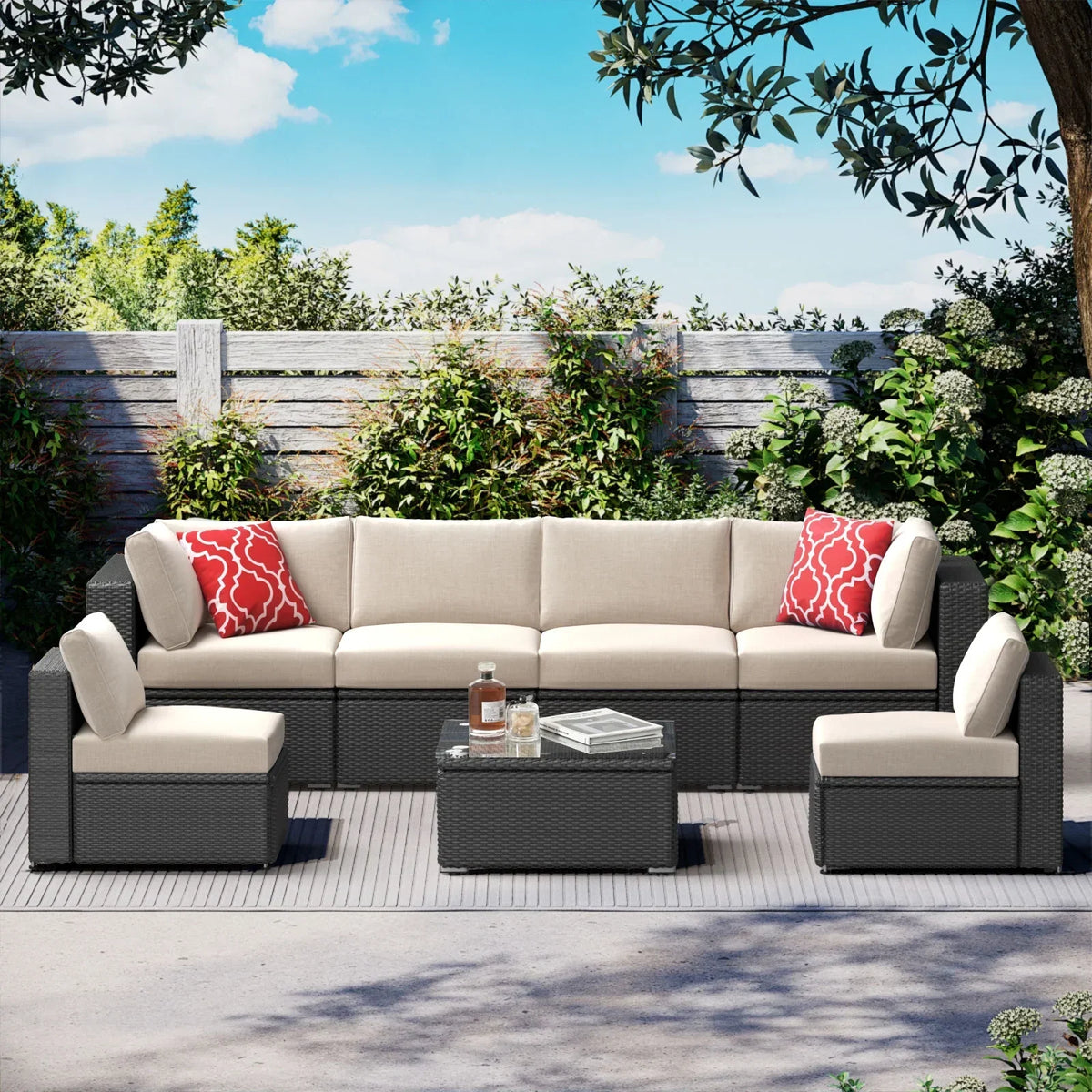 2026 New7 Piece Patio Furniture Sets Outdoor Sectional PE Rattan Outdoor Furniture Patio Conversation Set with Cushions and Glass Coffee Table, for Balcony Lawn and Garden, Gray