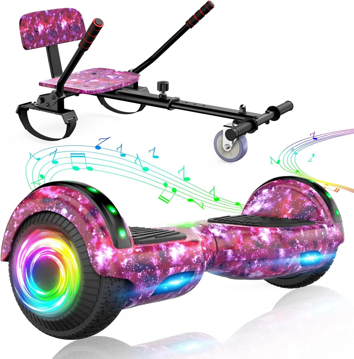 2026 Hoverboard con asiento, tabla flotante autoequilibrada de 6,5" con altavoces Bluetooth y luces LED para niños y adultos