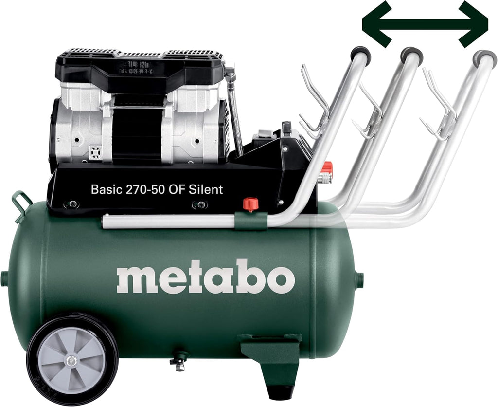 2026 Compresor silencioso Metabo Basic 270-50 OF, 50 L, 10 bar, 130 l/min, portátil y sin aceite para taller, con acoplamiento