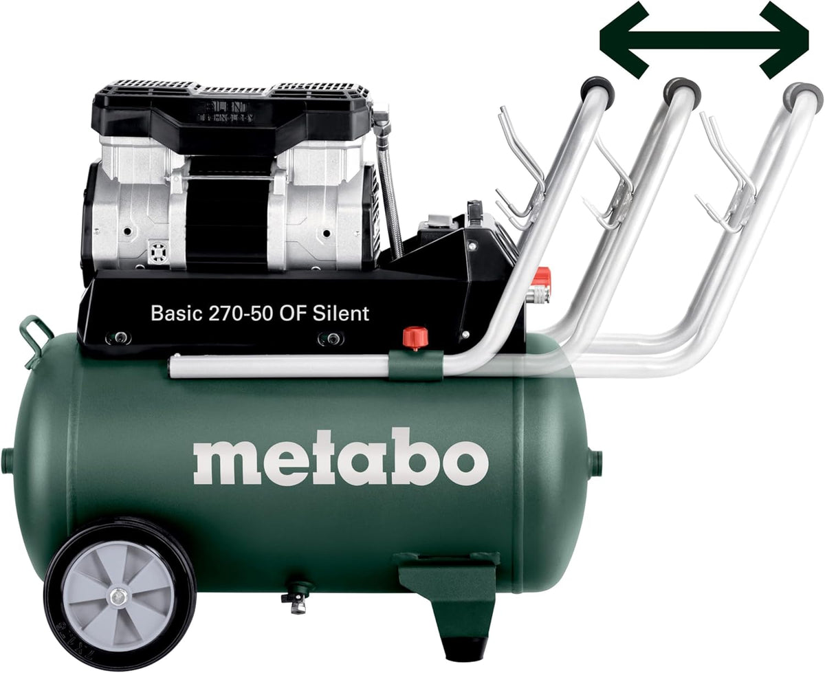 2026 Compresor silencioso Metabo Basic 270-50 OF, 50 L, 10 bar, 130 l/min, portátil y sin aceite para taller, con acoplamiento