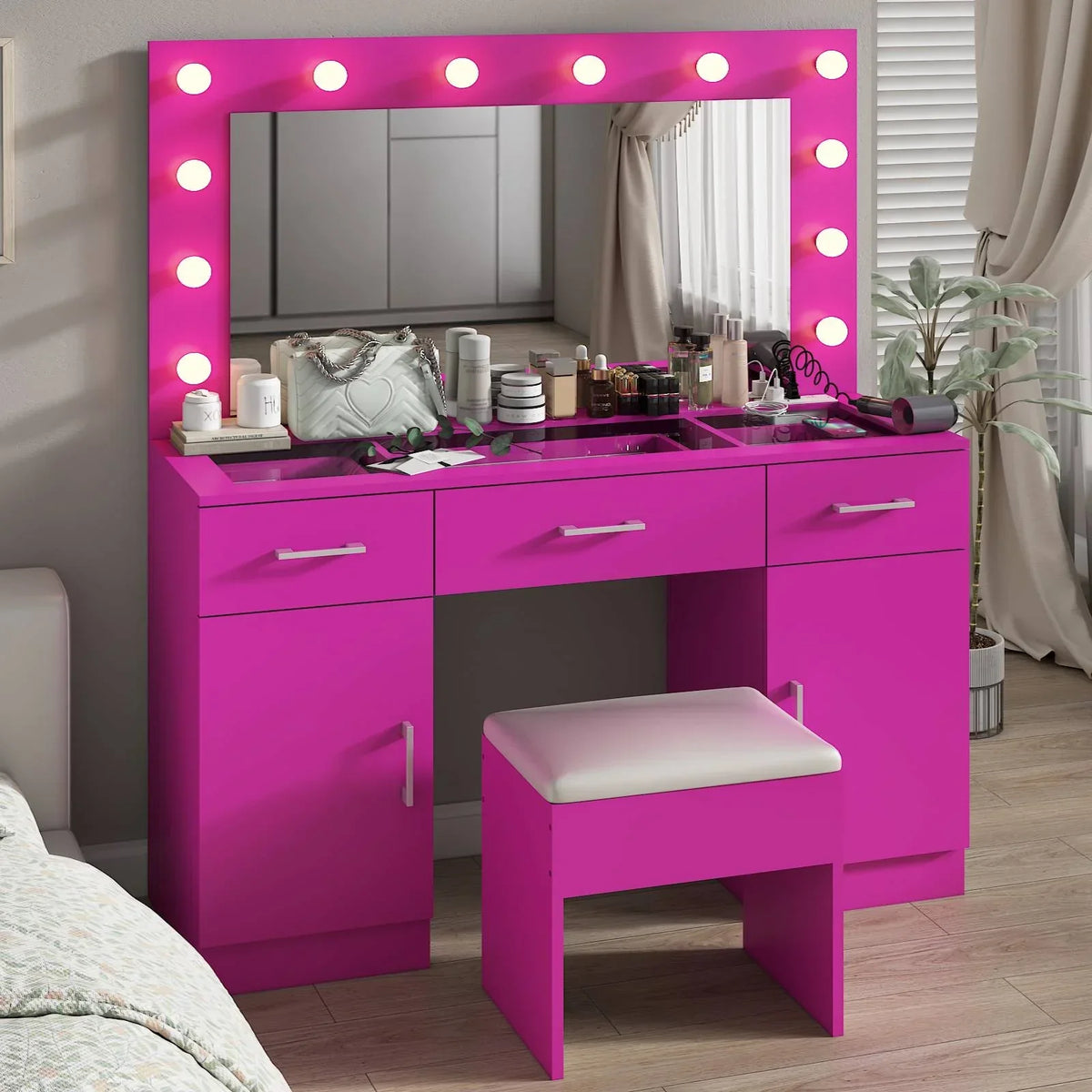 2026 NewKtaxon Large Makeup Vanity, Vanity Table Set w/ Visible Glass Top w/ Charging Station, White