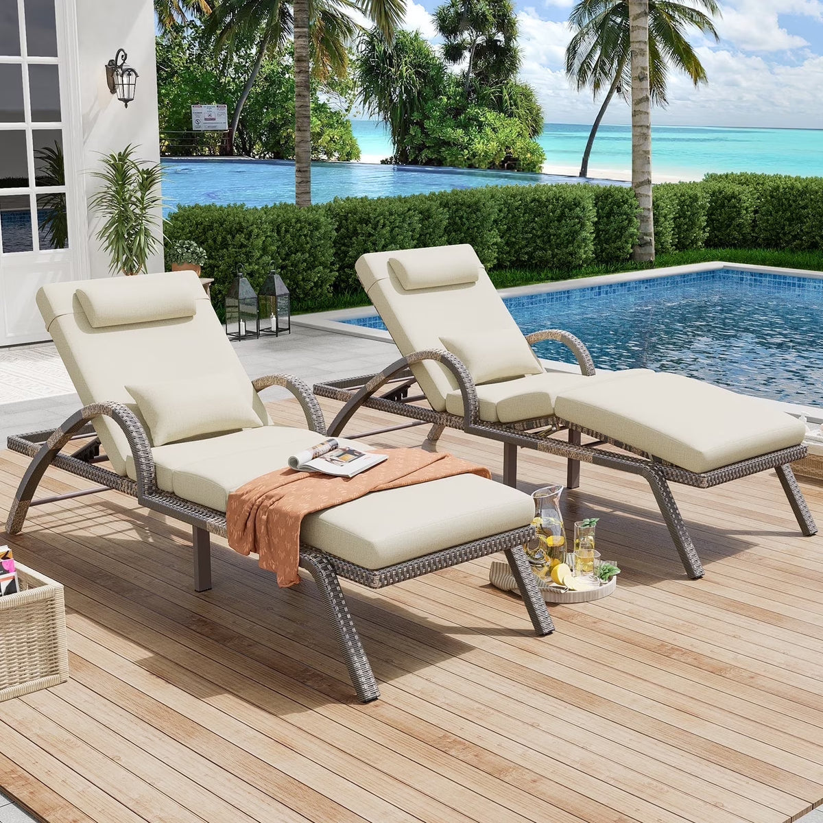 2026 NewMEISSALIVVE 4-Piece Outdoor Lounge Chairs, Pool Chairs with Adjustable 5 Position Backrest, PE Rattan Chaise for Backyard Porch Deck (Gray)
