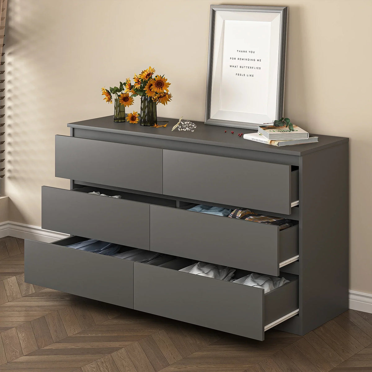 2026 NewResenkos Modern Mid Century 6 Drawer Wide Dressers Chests for Bedroom, Chest of Drawer Organizer Grey