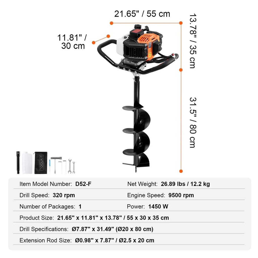 2026 NewKFFKFF Gas Earth Auger, 52CC 1450W, includes 8" Drill Bit & Extension Rod, Ideal for Garden, Farmland Fence Installation, Orange & Black