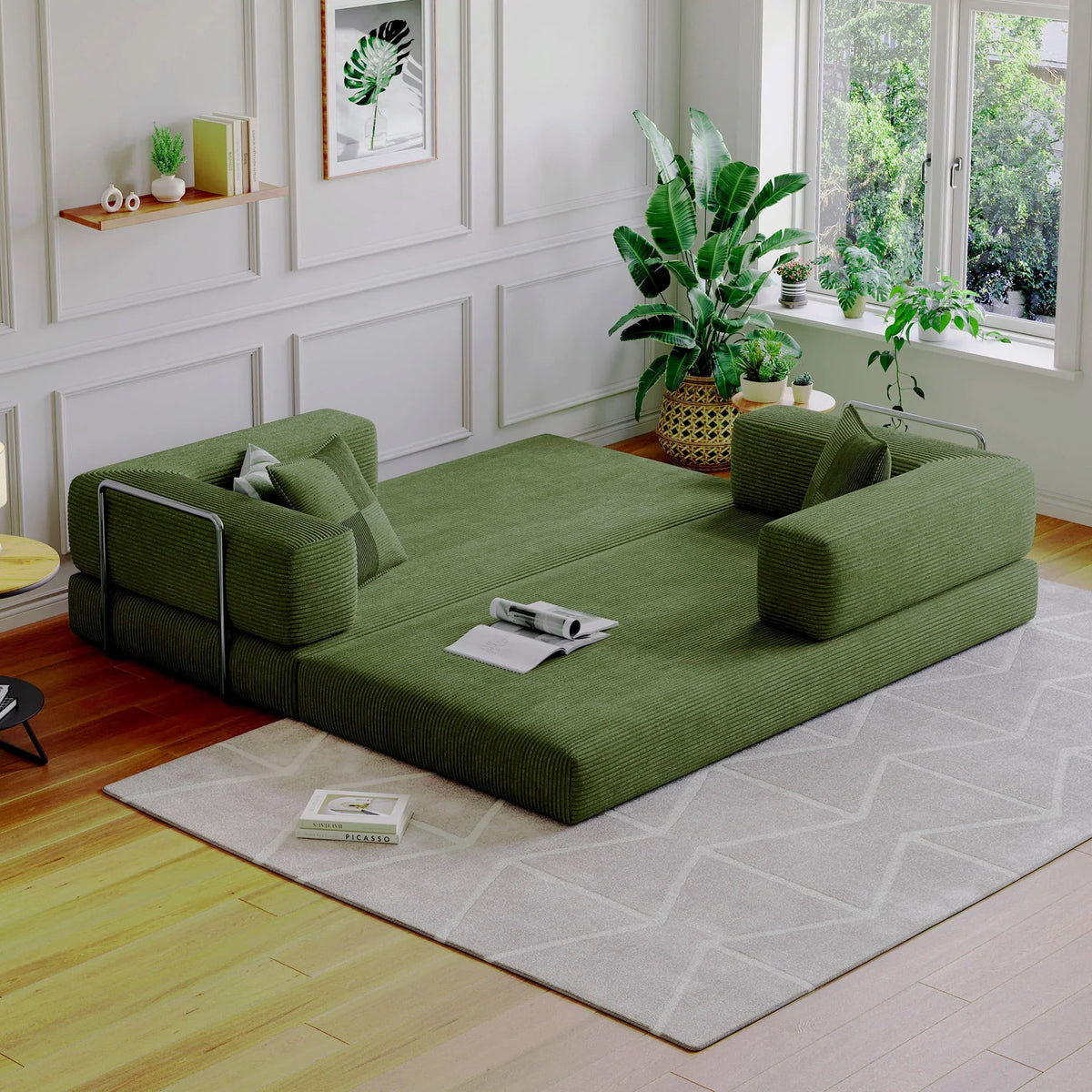2026 NewConvertible Sleeper Sofa Bed,Compressed Floor Boneless Couch,Modular Modern Corduroy Sofa for Living Room Bedroom -with Fixed-Shape Frame and Support Armrest,Easy Assembly(Green)