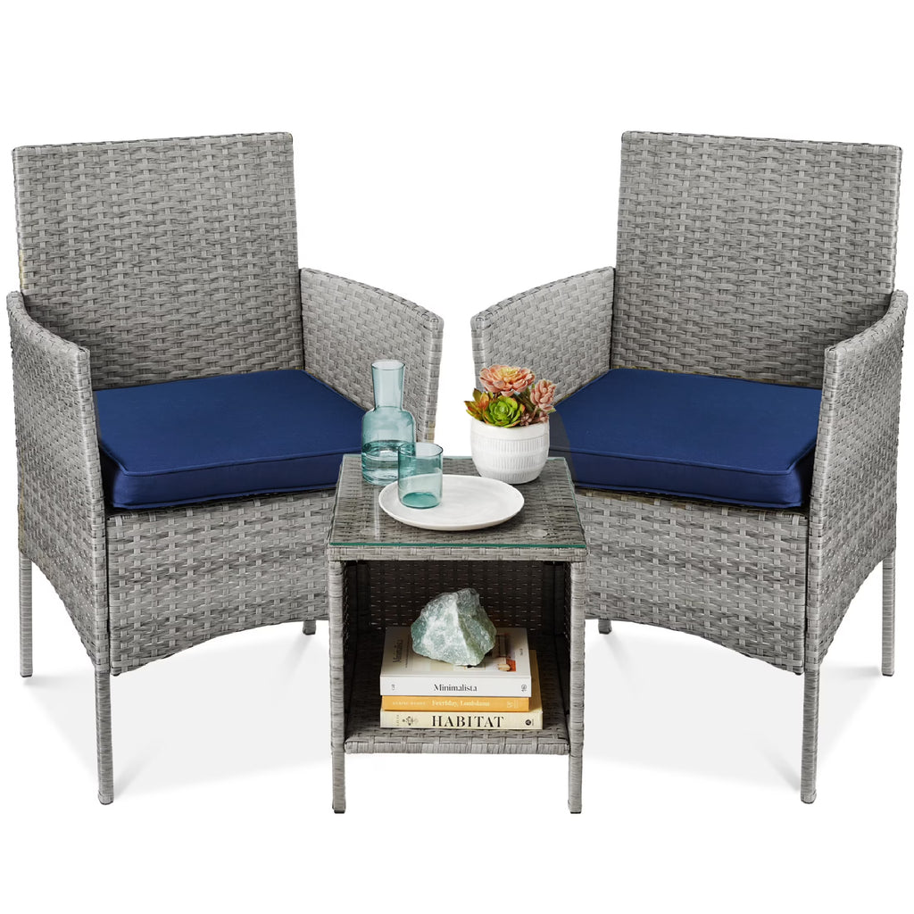 2026 NewBest Choice Products 3-Piece Outdoor Wicker Conversation Patio Bistro Set, w/ 2 Chairs, Table - Gray/Navy