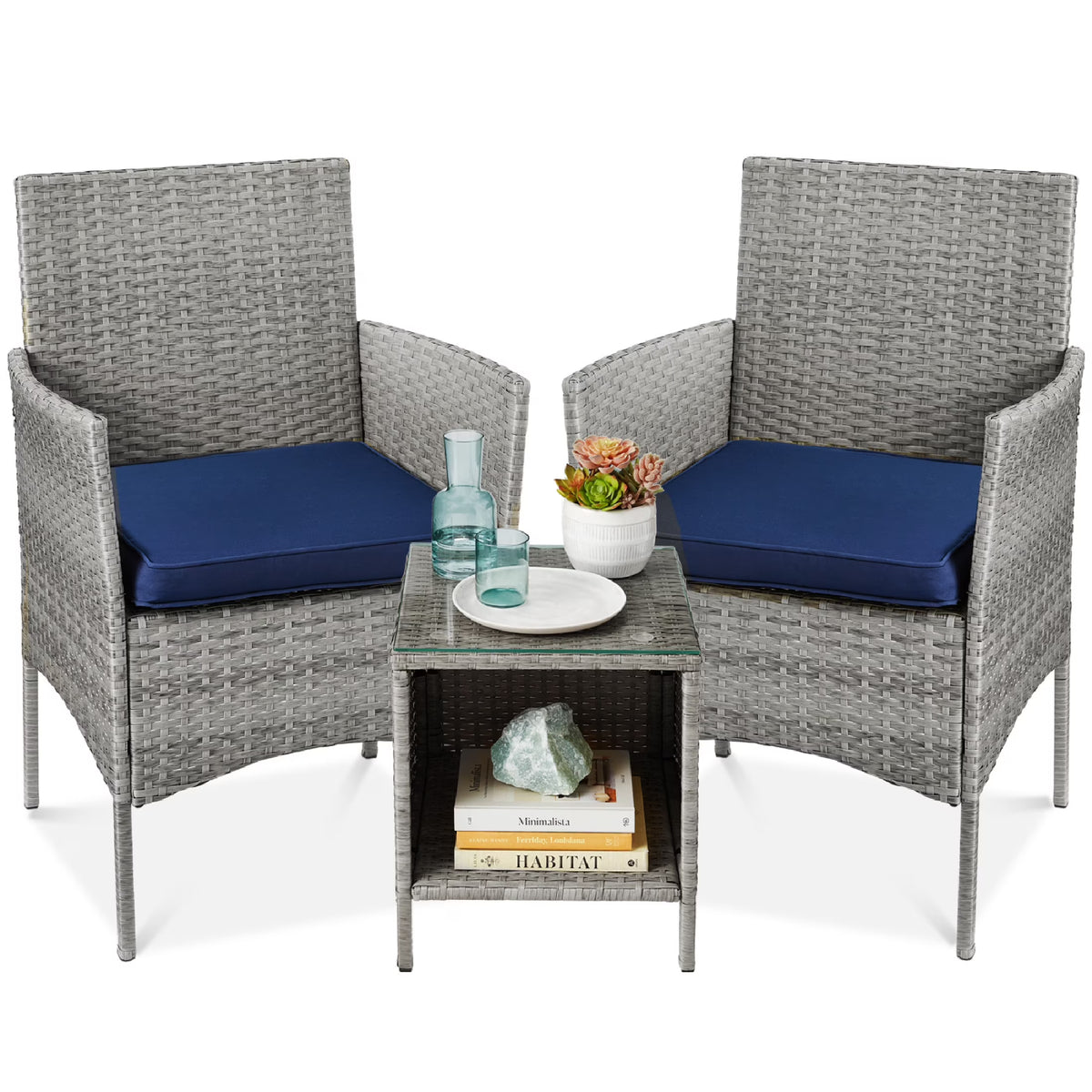 2026 NewBest Choice Products 3-Piece Outdoor Wicker Conversation Patio Bistro Set, w/ 2 Chairs, Table - Gray/Navy