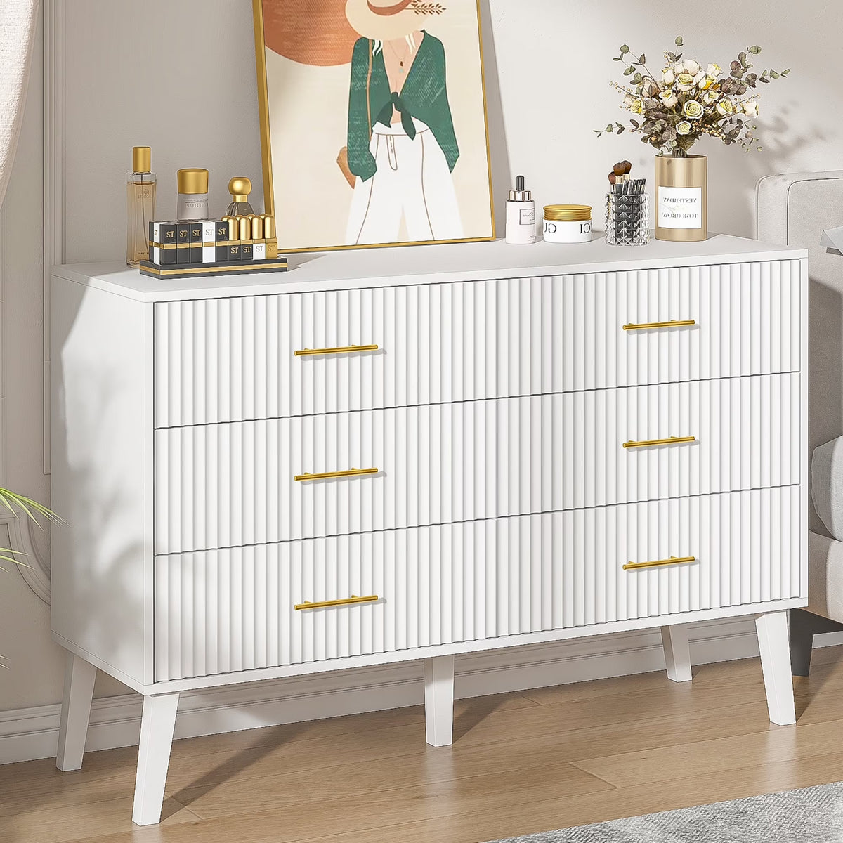 2026 NewFluted 6 Drawers Dresser, Wide Modern Chest of Drawers, 6 Drawer Double Dresser