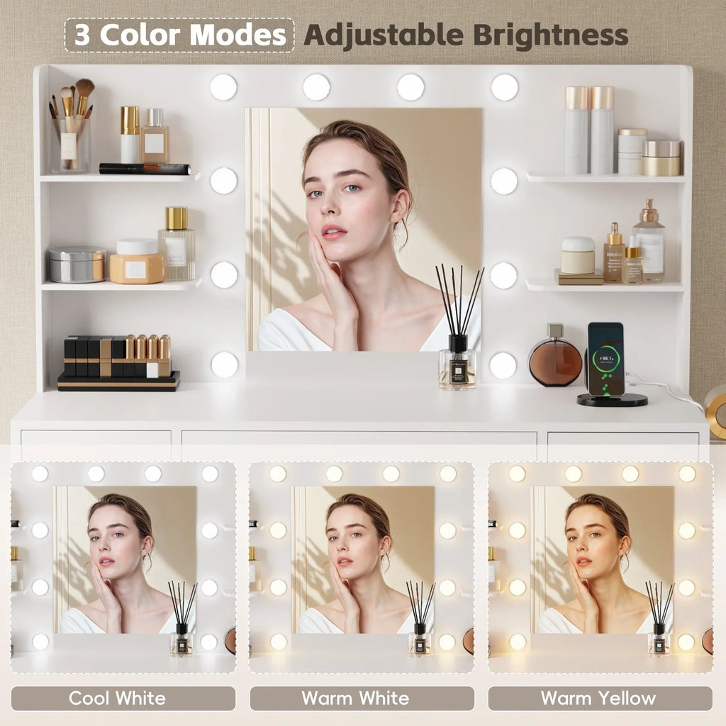 2026 NewLacoo Vanity Desk with Mirror and LED Lights, Makeup Vanity with 7 Drawers & 4 Shelves, Vanity Table with Power Outlet for Bedroom Dressing Room, White