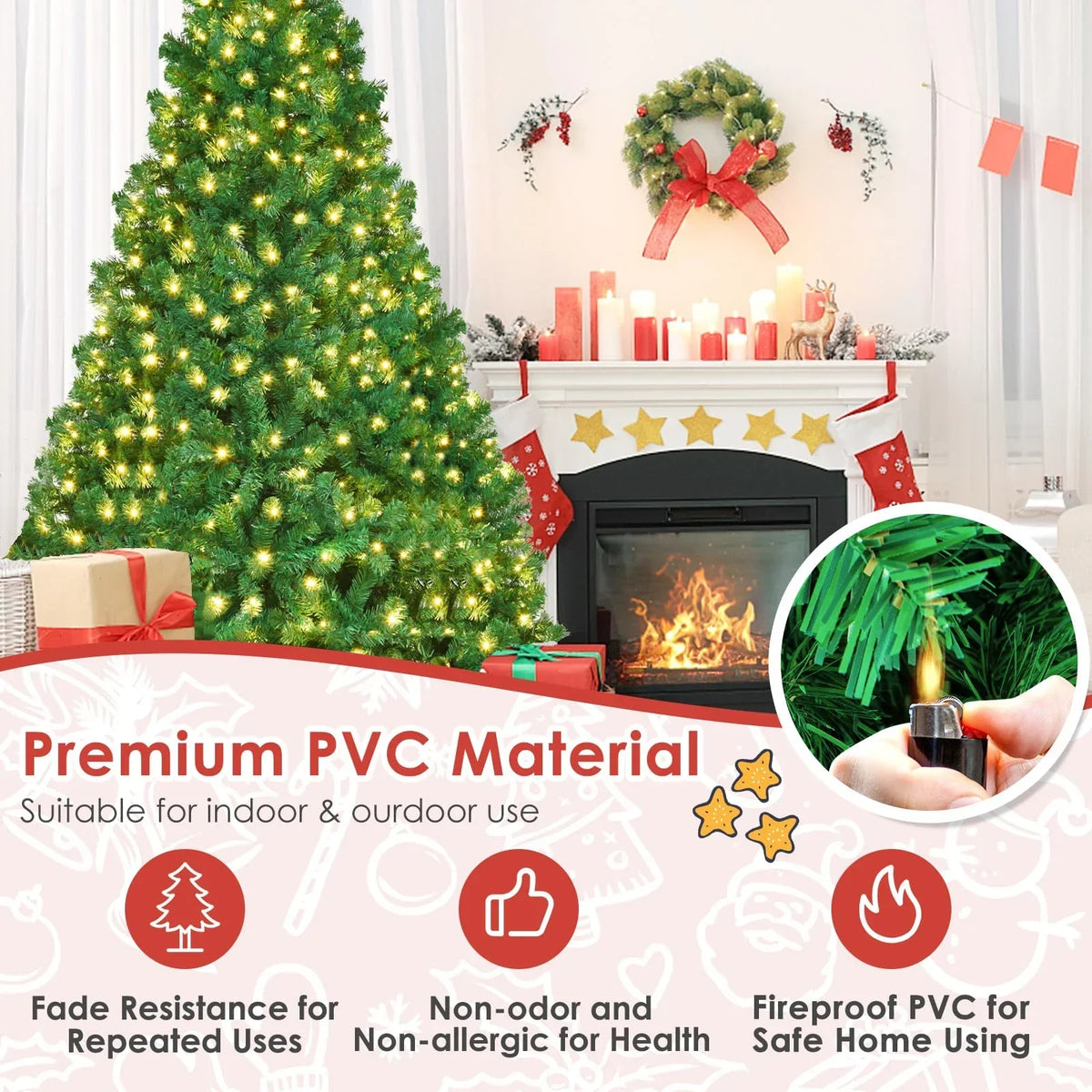 2026 NewVebreda 6FT Pre-Lit Artificial Christmas Tree with 300 Warm White LED Lights, Hinged Branch Design, Eco-Friendly PVC Needles & Foldable Metal Stand for Home, Office & Holiday D"cor