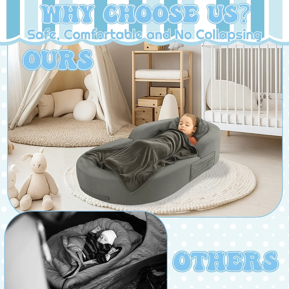 2026 NewCoumy Toddler Travel Bed 2-in-1 Kids Sofa Chair with Removable Cover, Soft Foam Portable Foldable Toddler Bed for Travel with Carrying Bag, Blue