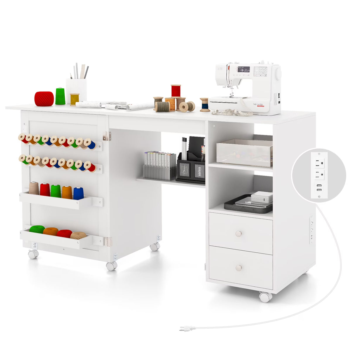 2026 NewCostway Folding Sewing Table Charging Station Multifunctional Sewing Machine Cart Table
