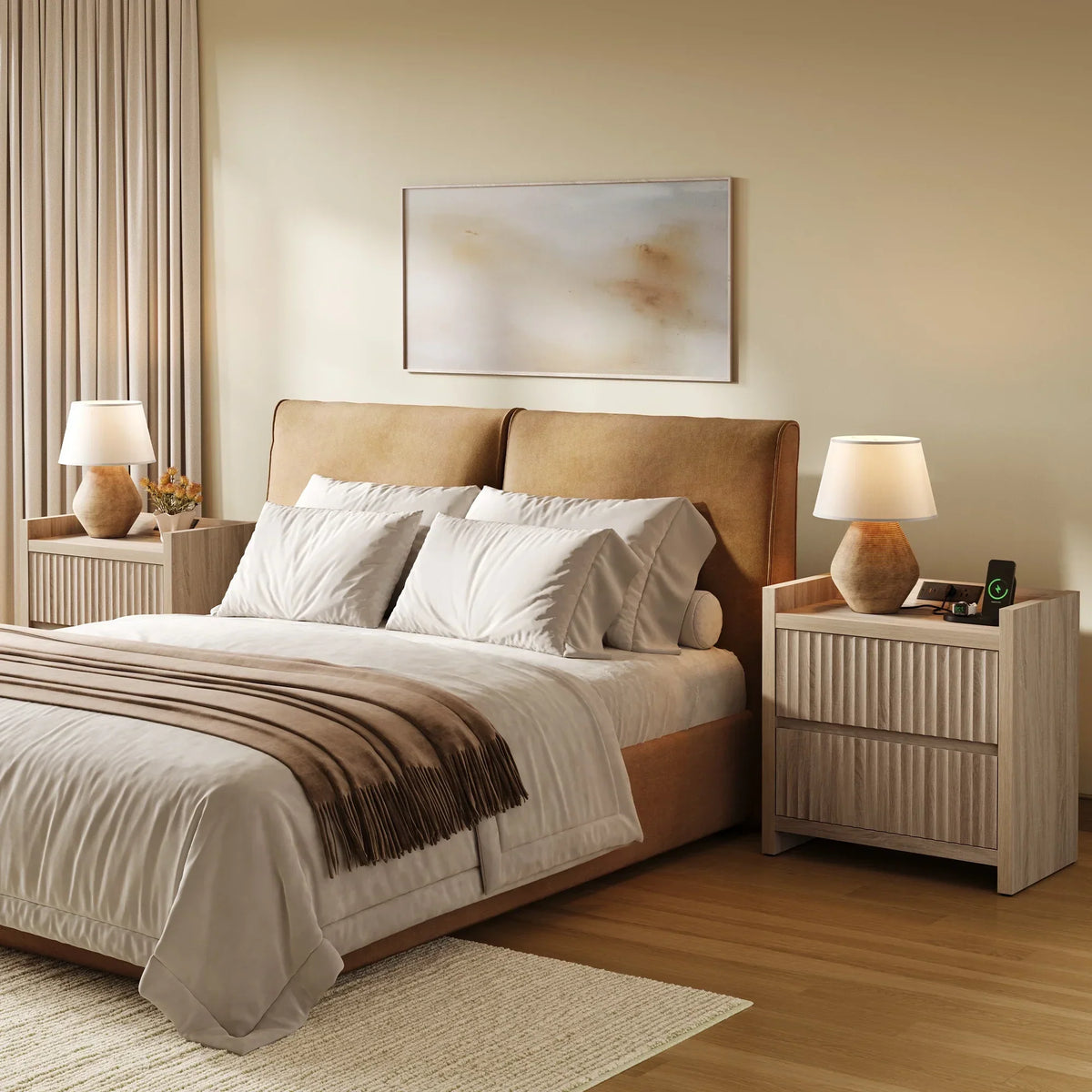 2026 NewSICOTAS 25.4" Wide Nightstand Set of 2 with Charging Station, Modern Night Stand with 2 Fluted Dresser & Handle-Less Storage Farmhouse Bed Side Table for Bedroom, Natural Oak