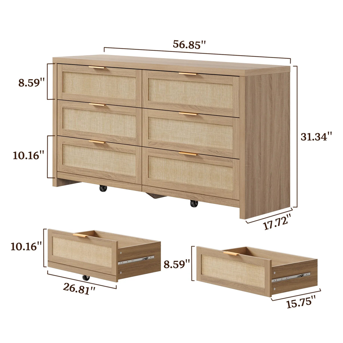 2026 NewSICOTAS 56.85" 6 Drawer Dresser,Rattan Dresser with Storage,Boho Dressers & Chests of Drawers Wooden Tall Dresser for Bedroom
