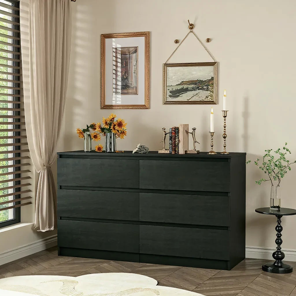 2026 NewKadyn Modern 6 Drawer Dresser Wood Cabinet,Dresser for Bedroom, Kitchen Storage Cabinet with Drawers, Chest of Drawers(Black)
