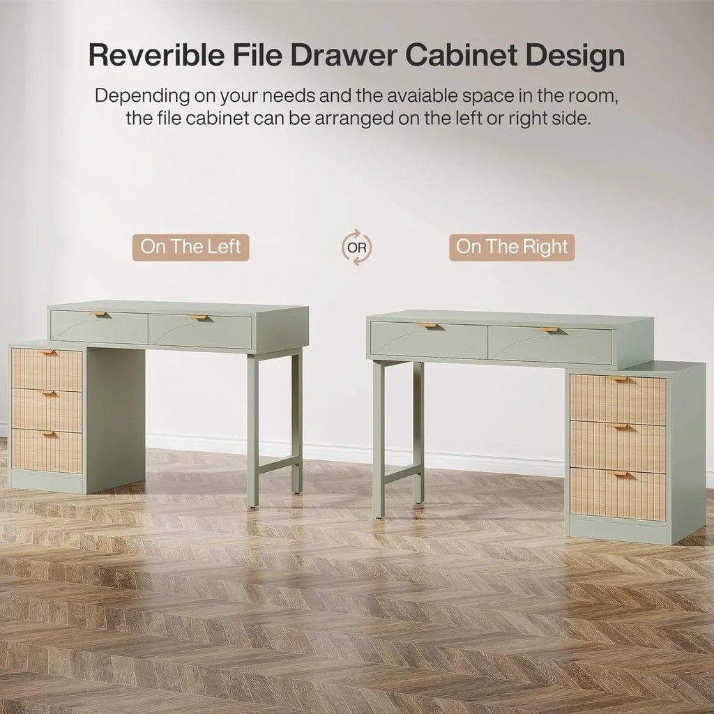 2026 NewTribesigns 39" Reversible Computer Desk with 5 Drawers, Wood Writing Desk for Home Office, Green