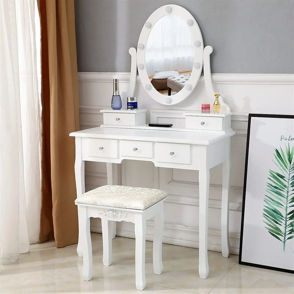2026 NewKtaxon Vanity Table 10 LED Lights, 5 Drawers Makeup Dressing Desk with Cushioned Stool Set,Bedroom Vanities Set White