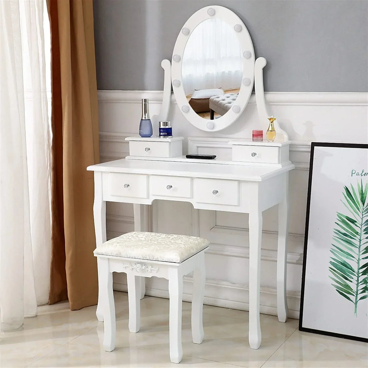 2026 NewKtaxon Vanity Table 10 LED Lights, 5 Drawers Makeup Dressing Desk with Cushioned Stool Set,Bedroom Vanities Set White