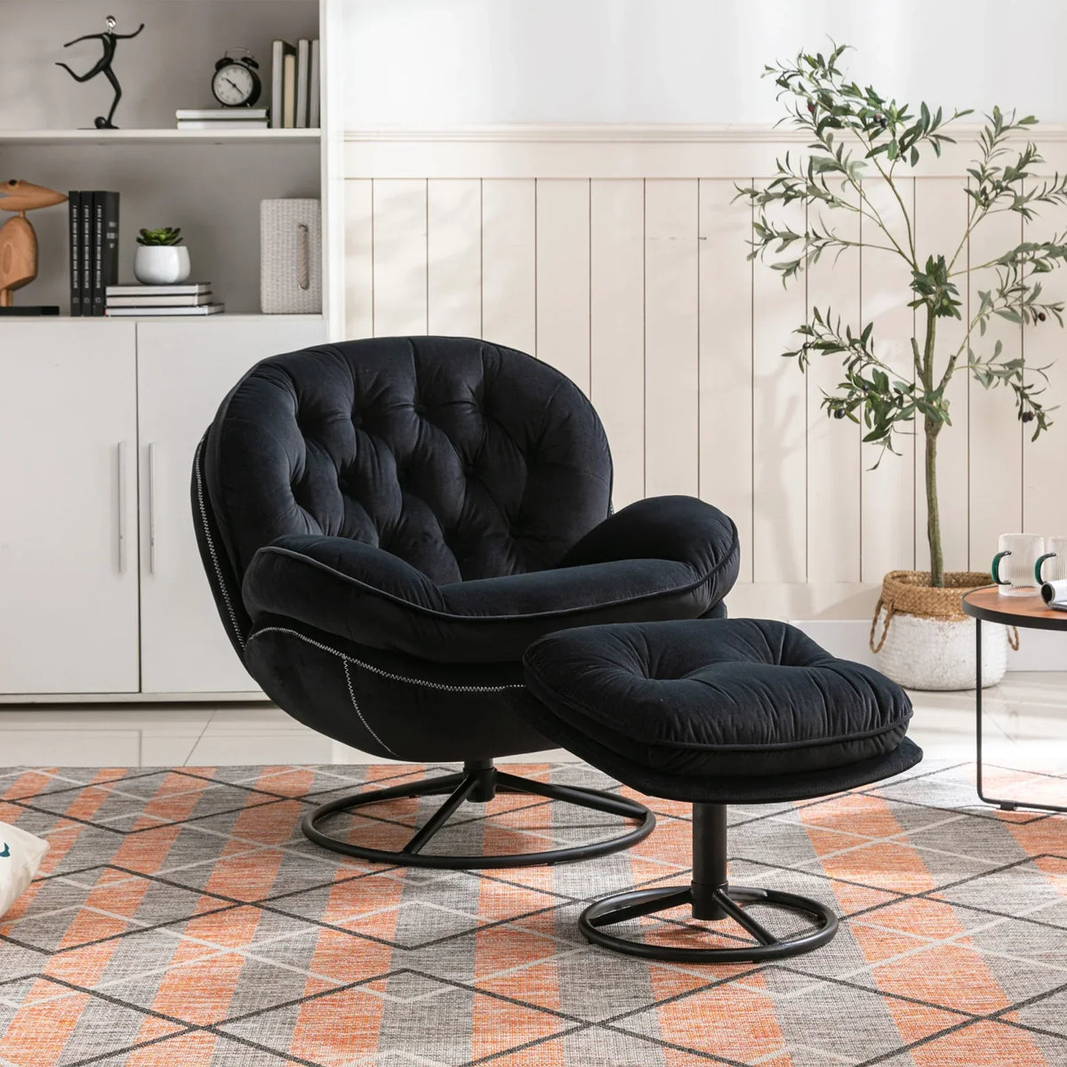 2026 NewVelvet Swivel Accent Chair with Ottoman, Modern Chaise Lounge Chair with Metal Frame and Footstool, Comfy Armchair Reading Chair for Living Room Bedroom Office,Blue