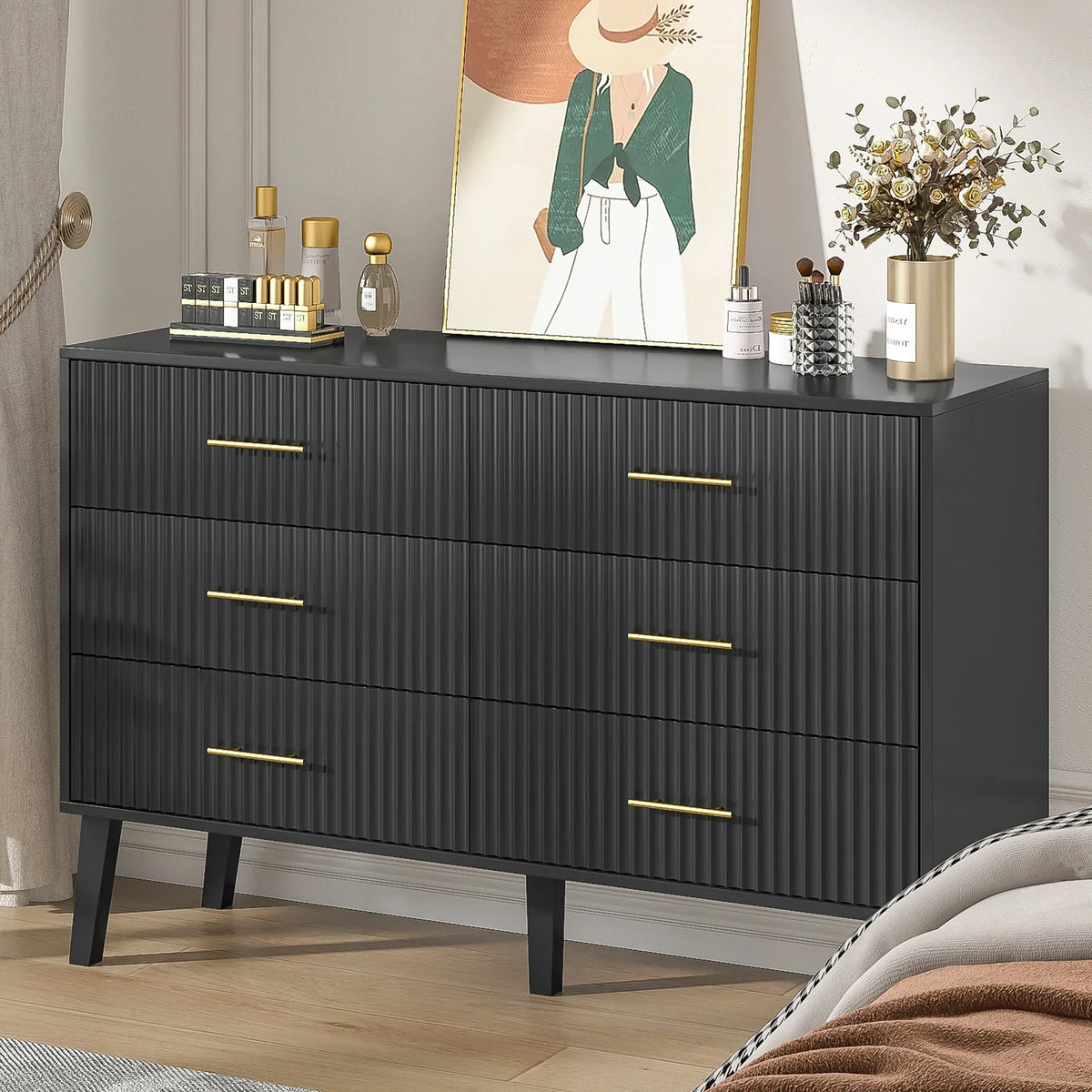 2026 NewFluted 6 Drawers Dresser, Wide Modern Chest of Drawers, 6 Drawer Double Dresser