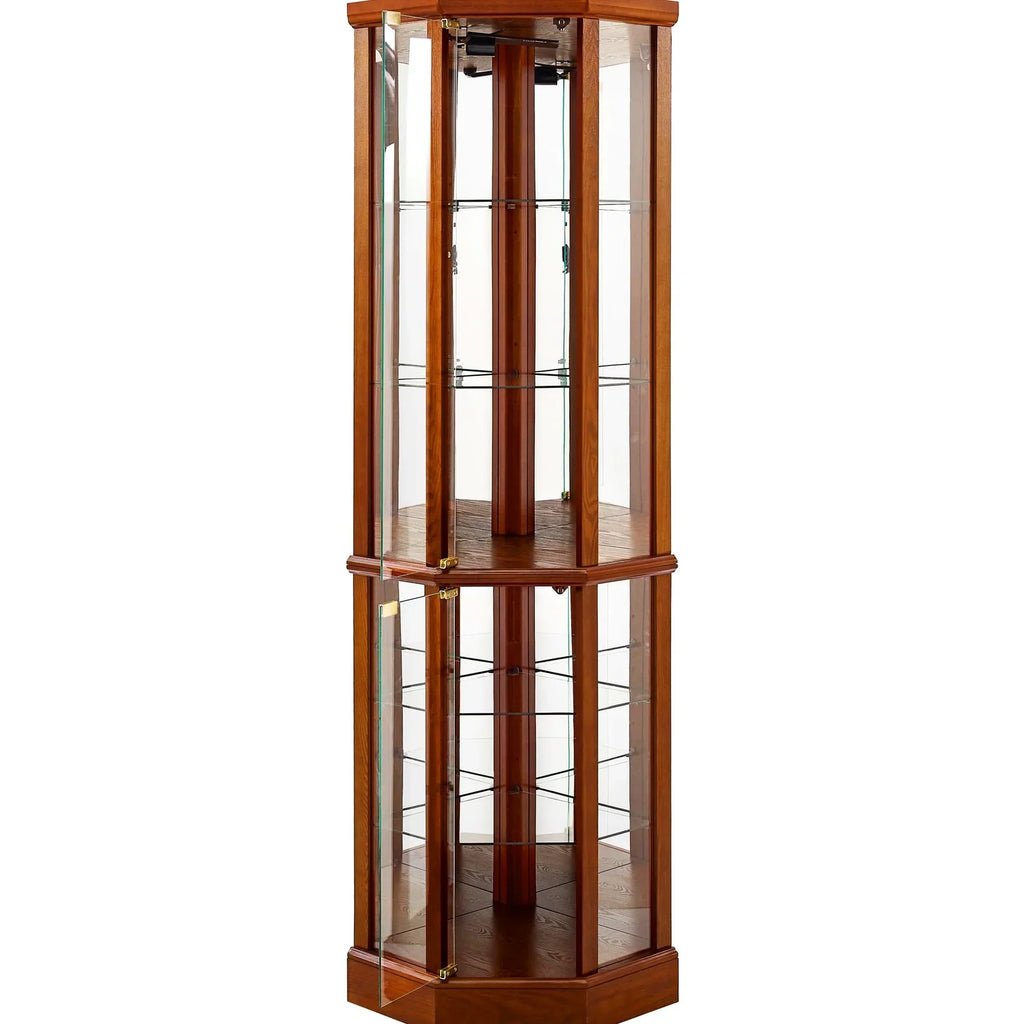 2026 NewWalnut Cabinet With 6 Shelves, Adjustable Glass & Mirrored Back Design Shelf Lighted Corner Curio Shelves In