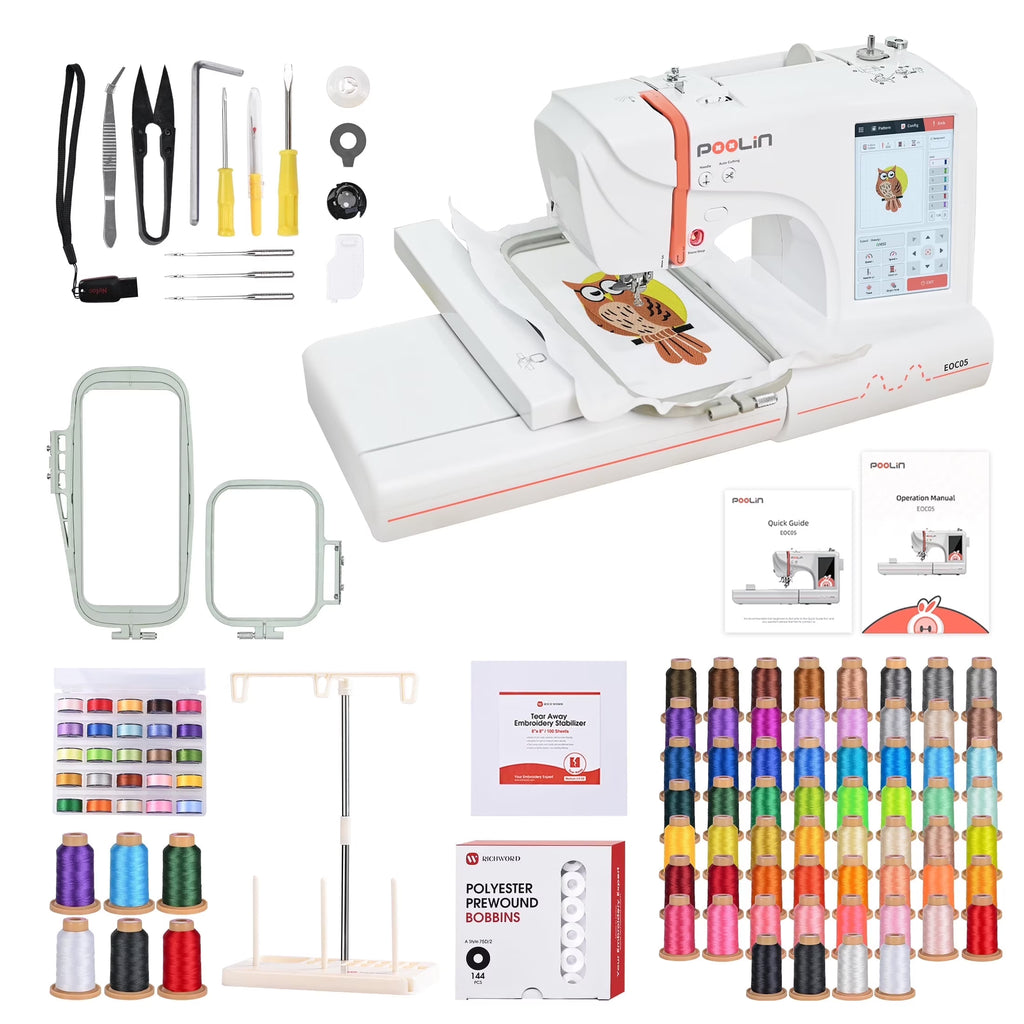 2026 NewPoolin EOC05 Embroidery Machine 4x9.25" Area, 7" Touch Screen with kit