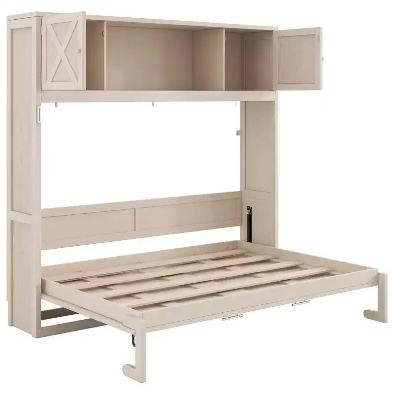 2026 Cama abatible tamaño Full con armarios de almacenamiento y estructura de madera, beige