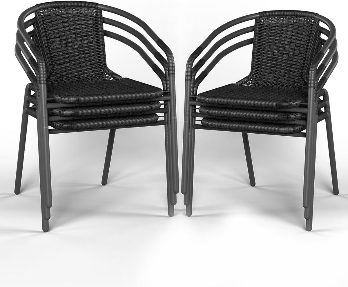2026 NewELPOSUN Outdoor Dining Chairs Set of 6, Wicker Patio Chairs with Metal Frame, Rattan Indoor-Outdoor Chairs for Bistro, Deck, Backyard, Porch, Restaurant Stack Chair 6 Pack (Black)