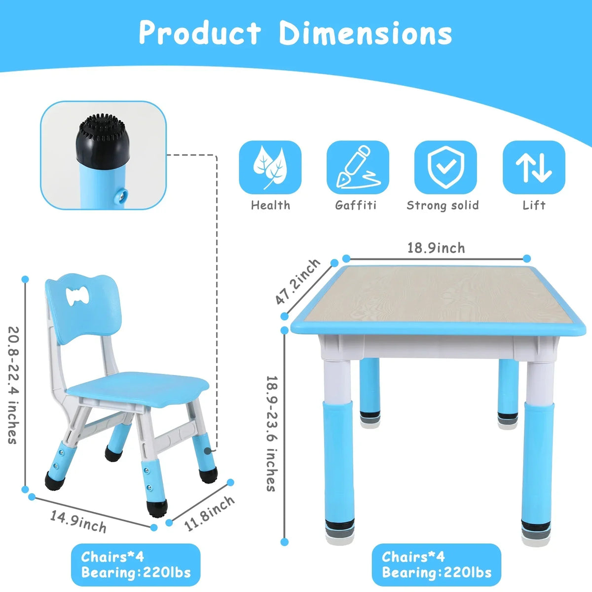 2026 NewLAZY BUDDY Kids Table and 4 Chairs Set, Height Adjustable Toddler Desk with Graffiti Desktop, Kids Activity Table Set for Daycare, Home