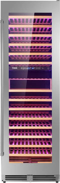 2026 Enfriador de vino Thor de 24 pulgadas, acero inoxidable, con capacidad para 162 botellas y doble zona de refrigeración.