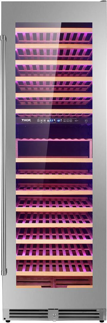 2026 Enfriador de vino Thor de 24 pulgadas, acero inoxidable, con capacidad para 162 botellas y doble zona de refrigeración.