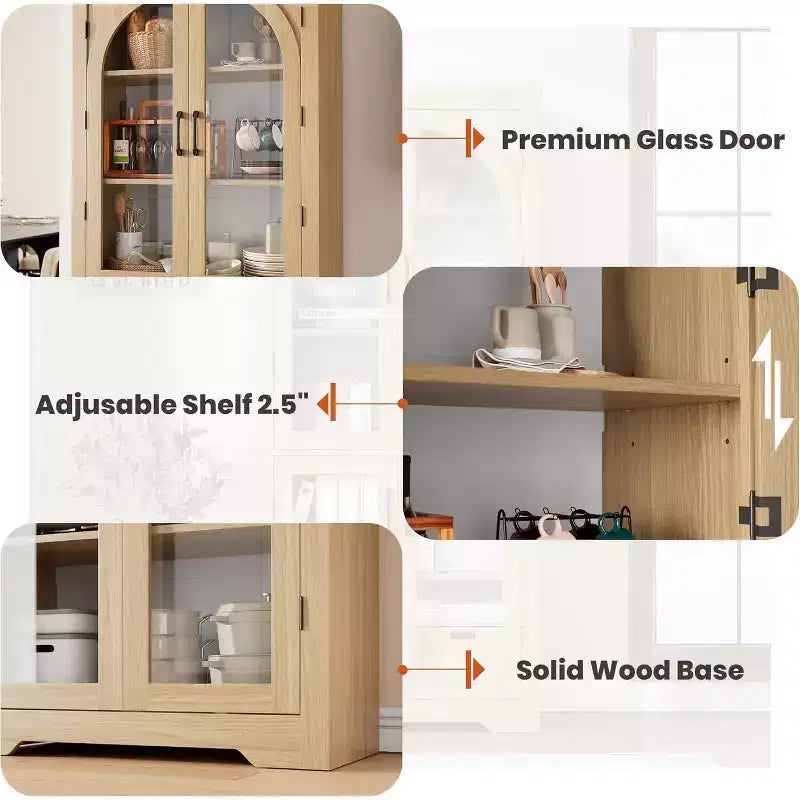 2026 Armario despensa de 70" natural/blanco con 4 puertas de cristal arqueadas y estantes ajustables