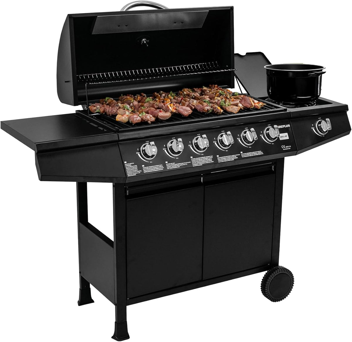 2026 Amig - Barbacoa de gas Fireplus 6 1 de 12,9 kW - Acero inoxidable Negro - Parrilla con ruedas Modelo GRILL-6F - Barbacoa XXL con carro y termómetro - 138x52x103 cm - 7 quemadores y Bandeja lateral