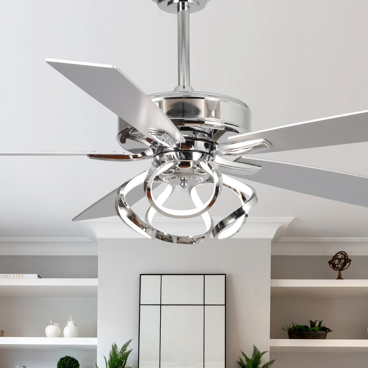 2026 NewParrot Uncle 52-Inch Contemporary Chrome Ceiling Fan with Integrated LED Lights and Remote Control