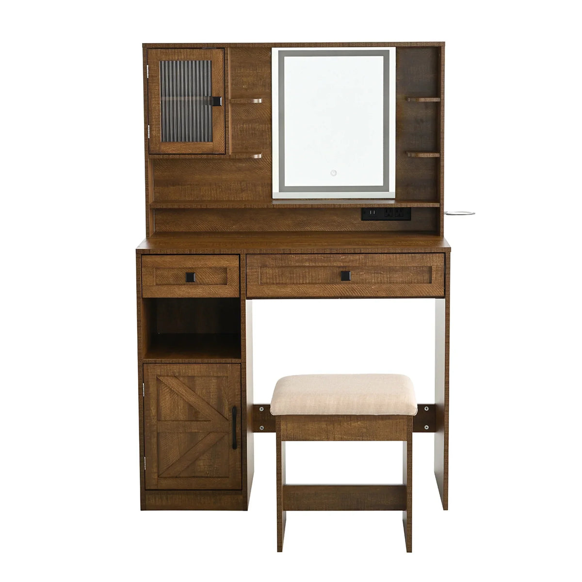 2026 NewFarmhouse Makeup Vanity Desk with Mirror and Lights,Dressing Table Set with Charging Station and Stool,Drawers,Shelves and Side Cabinet,White