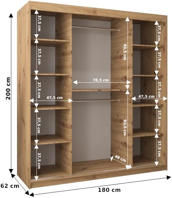 2026 ABIKSMEBLE Verona 2 180 Armario 2 Puertas Correderas para Dormitorio - Armario Moderno con Espejo, Barra y Estantes - 180x200x62 cm (Ancho x Alto x Fondo) - Sonoma Blanco Mate