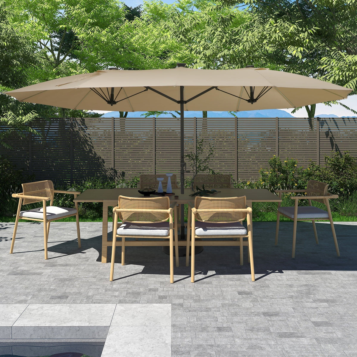 2026 NewMondawe 15ft Patio Umbrella, Large Double-Sided Solar LED Outdoor Umbrella with Fiberglass Ribs and Base for Deck Pool, Navy Blue