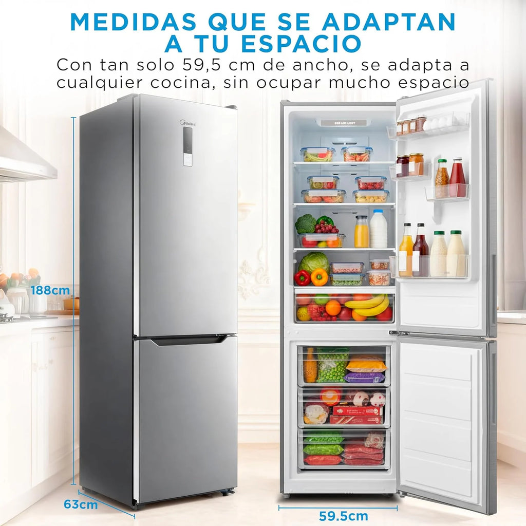 2026 Midea Frigorífico Combi No Frost | 60 cm ancho x 188 alto cm | Inox | Nevera libre instalación 224 L 86 L Congelador - Refrigerador de bajo consumo con congelador vertical