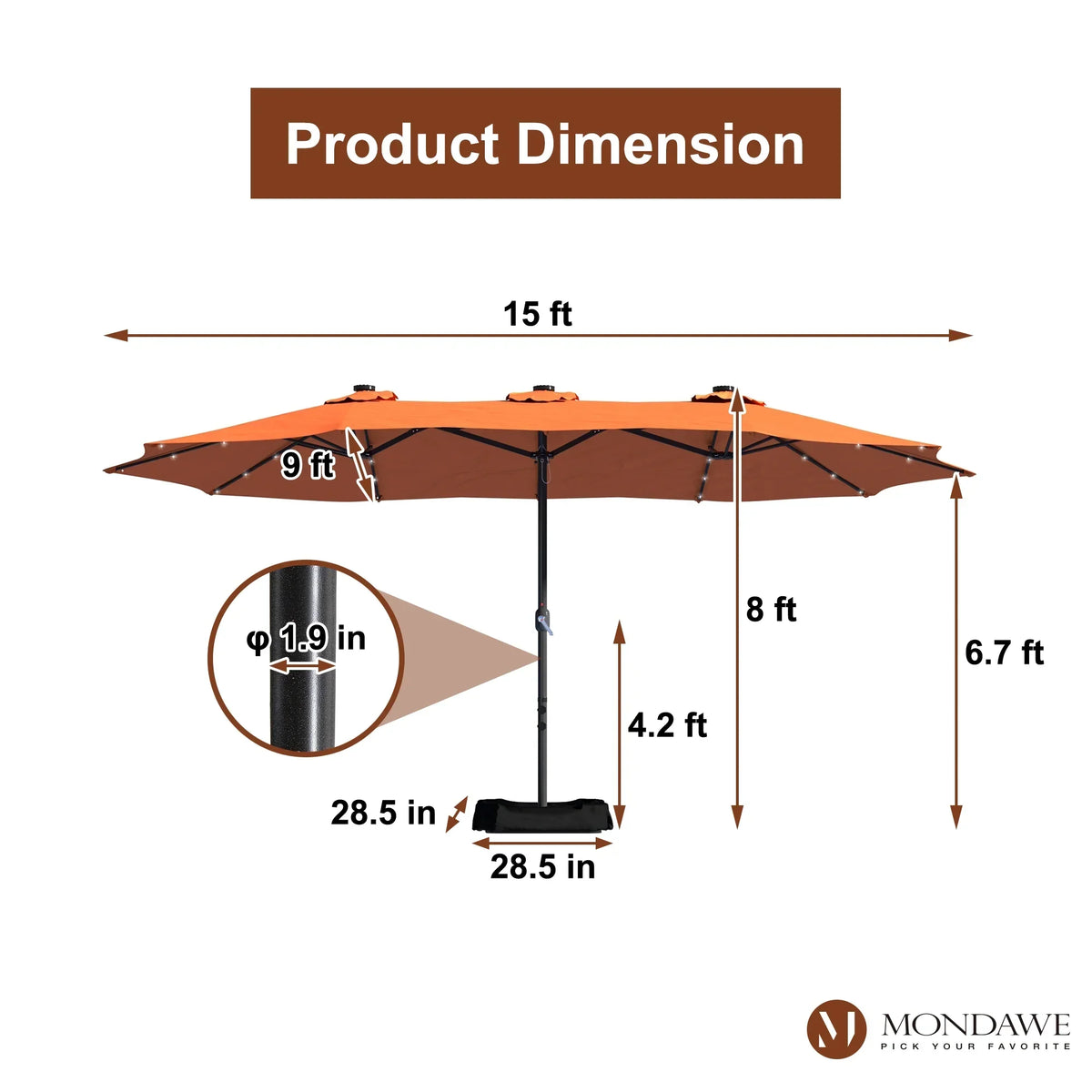 2026 NewMondawe 15ft Patio Umbrella Rectangular Outdoor Market Umbrella with Base and LED Lights Beige