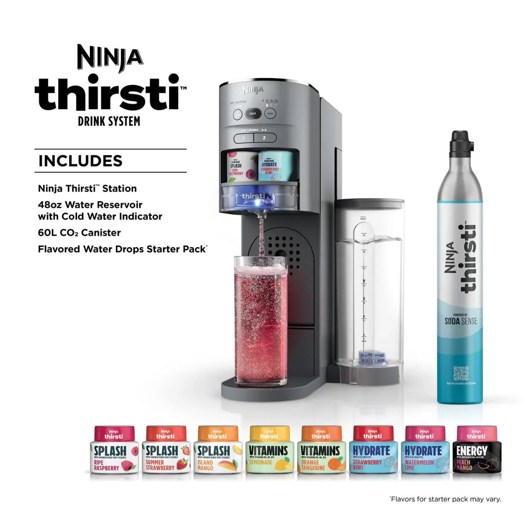 2026 NewNinja Thirsti Drink System Complete Still and Sparkling Customization Drink Kit with CO2 Canister, Flavors, and 48oz Reservoir