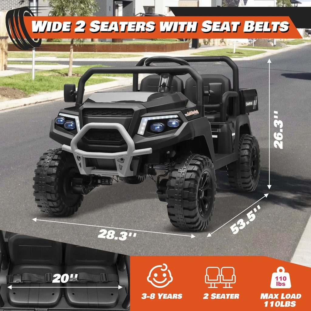 2026 NewJoyracer 4WD 24 Volt Ride on Toys UTV with 2 Seater & Remote Control, Kids Electric Golf Cart w/ 4x200W Power Motors, Tiltable Trailer & Shovel, 4 Wheels Spring Suspension, Bluetooth USB Music, Black
