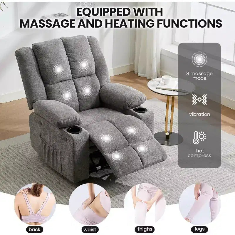 2026 Sillón reclinable manual con masaje por vibración y calefacción lumbar, bolsillo lateral y portavasos
