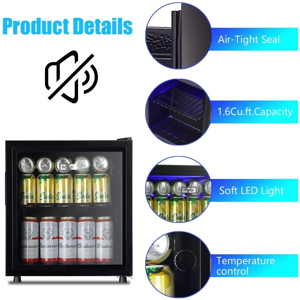 2026 NewWANAI Compact Beverage Refrigerator, 100 Can Capacity, Glass Door, Black Stainless Steel