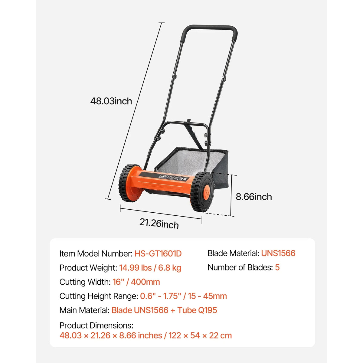 2026 NewKFFKFF 16-Inch Manual Push Reel Lawn Mower, 5-Blade Design, Adjustable Cutting Height from 0.6 to 1.75 Inches, Walk-Behind Mower with Grass Collection Bag for Lawns, Driveways, and Courtyards