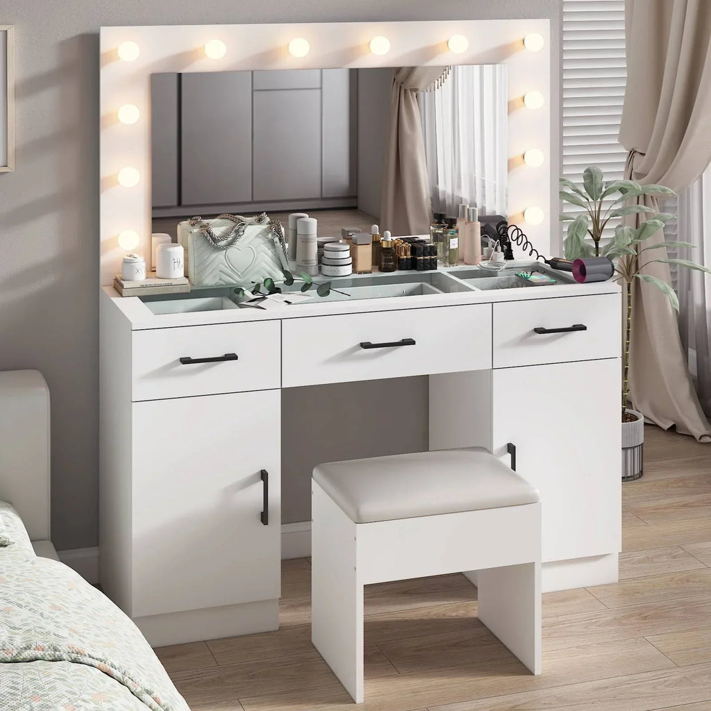 2026 NewKtaxon Large Makeup Vanity, Vanity Table Set w/ Visible Glass Top w/ Charging Station, White