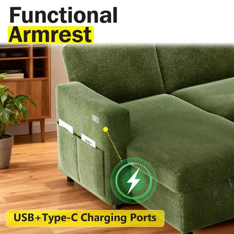 2026 Sofá cama extraíble 2 en 1 con chaise longue de almacenamiento, chenilla y puertos USB