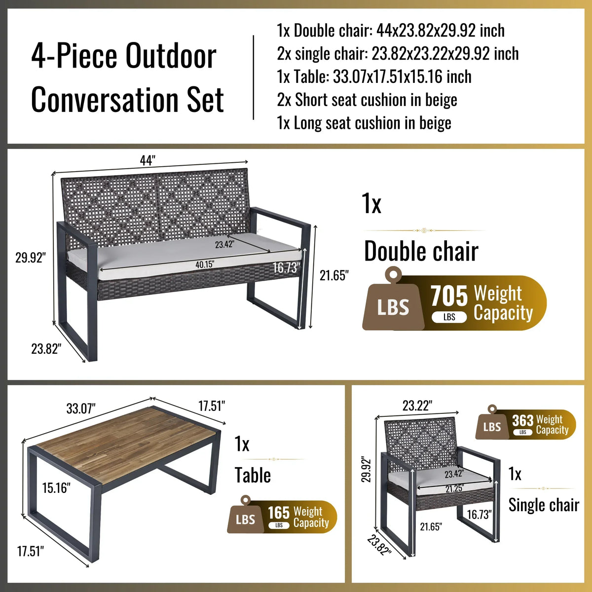 2026 NewHeavy-duty Patio Furniture Set, 4 Piece Outdoor Sectional Conversation Sets, BrownPE Rattan Patio Sofa Set with Blue Cushions
