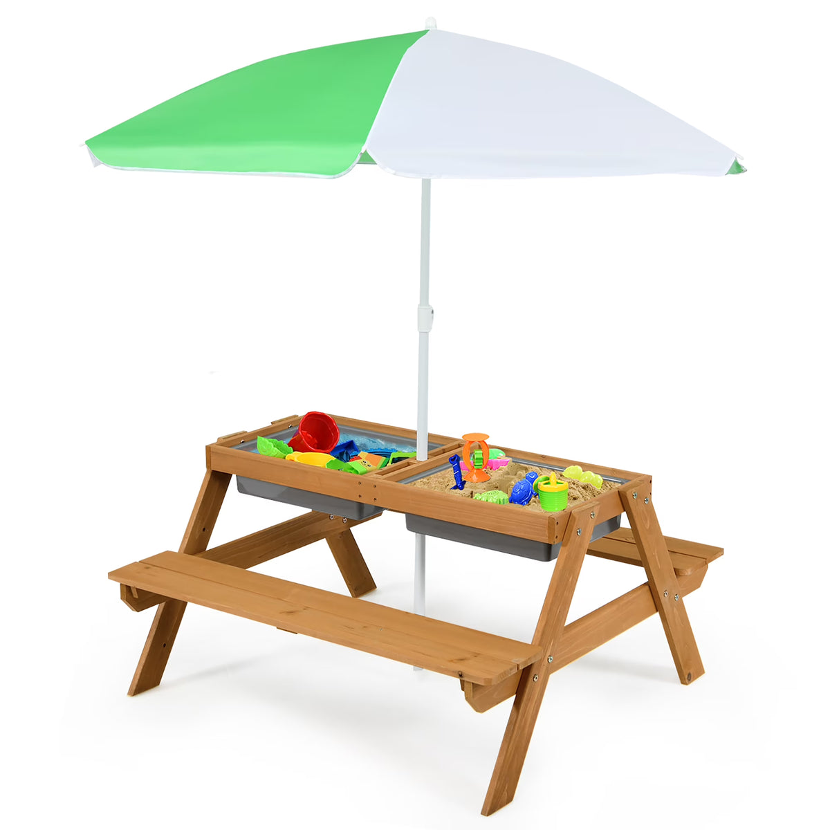 2026 NewCostway 3-in-1 Kids Picnic Table Wooden Outdoor Sand & Water Table with Umbrella Play Boxes Green